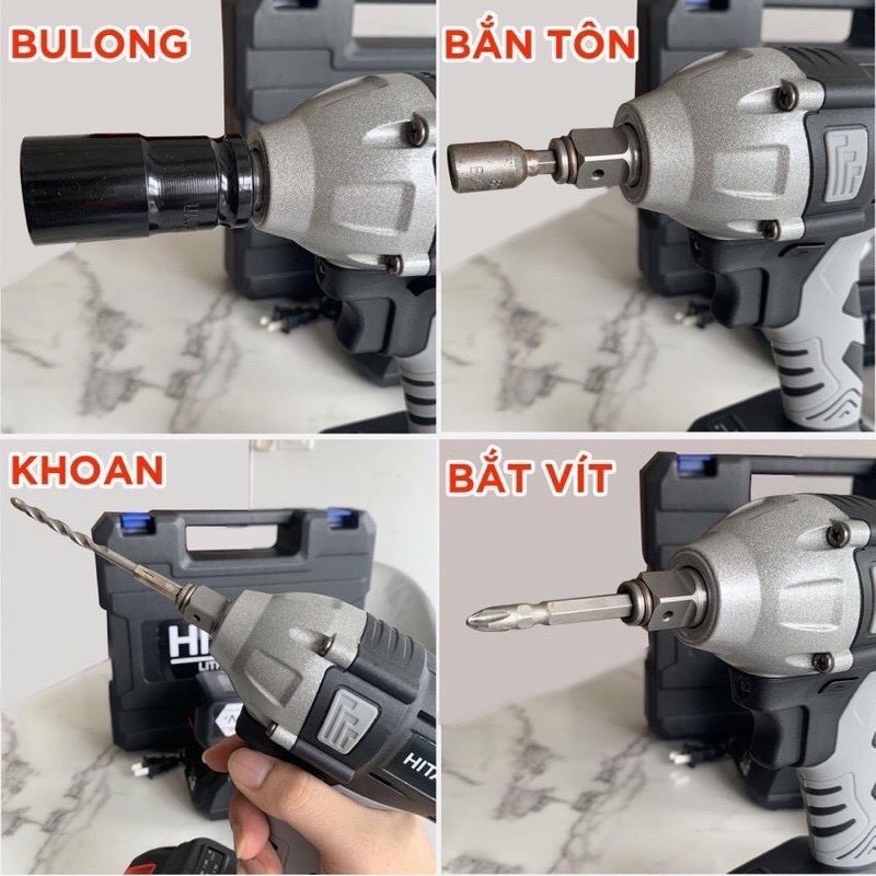 Máy siết bulong Hitachi 199V động cơ không chổi than 3 chức năng khoan,bắn vít,siết ốc + Tặng kèm đầu chuyển vít, khoan