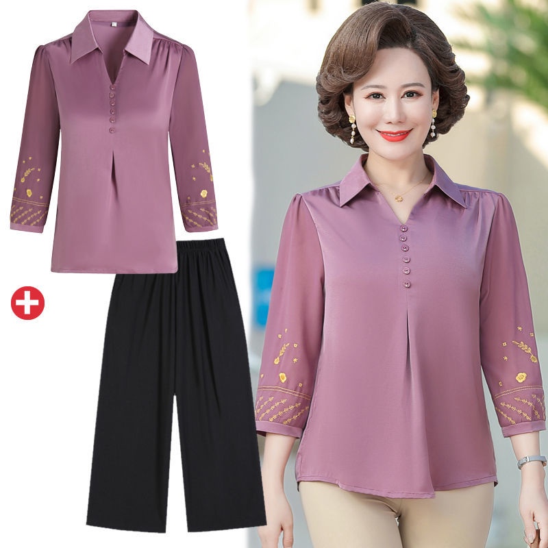 Mùa hè mới của phụ nữ trung niên và cao tuổi quần áo trên hai mảnh phù hợp với mẹ