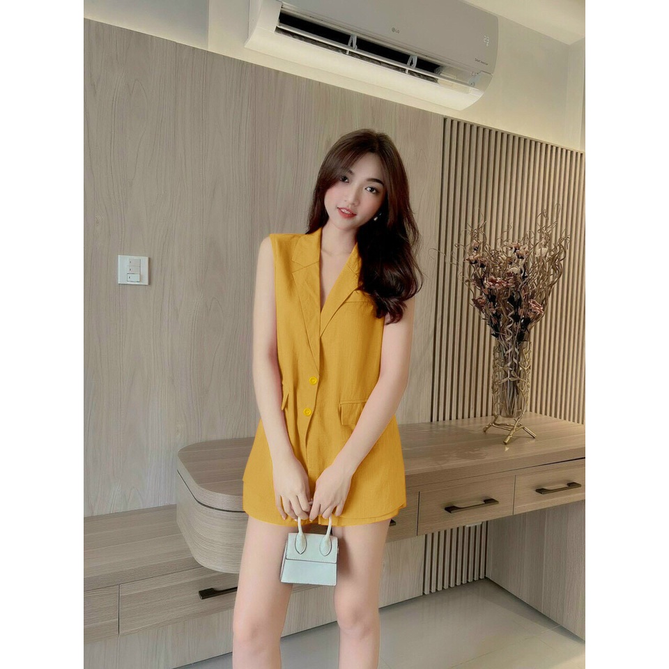 Set nguyên bộ quần short áo cổ vest form dài 2 nắp túi xinh xắn - SET1186