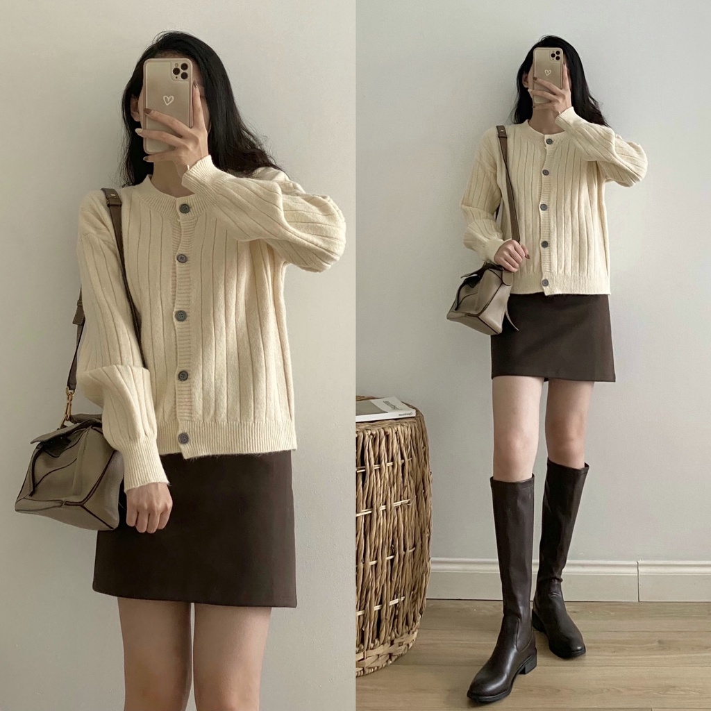 Áo cardigan len vân dọc cúc ghi _ A0299