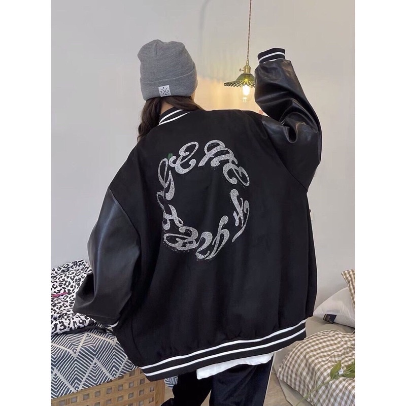 Áo Khoác Bomber Tay Phối Da In Chữ Lưng Unise❤Jacket Dáng Thể Thao Đen Cổ Viền Nỉ Freesize Ulzzang Nam Nữ Hót