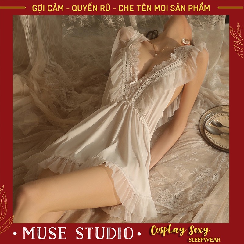 Váy ngủ sexy, đầm ngủ gợi cảm vải satin phối voan cao cấp dáng xoè quyến rũ