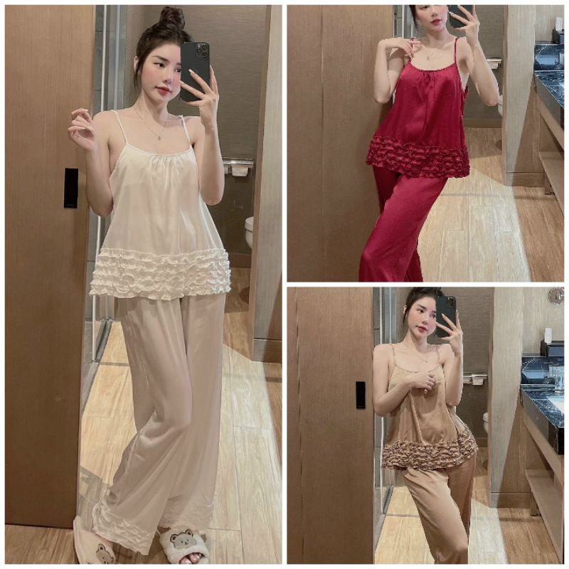 Đồ bộ nữ pyjama áo 2 dây quần dài chất Lụa Latin mềm mịn mặc mát Đồ ngủ cao cấp M060