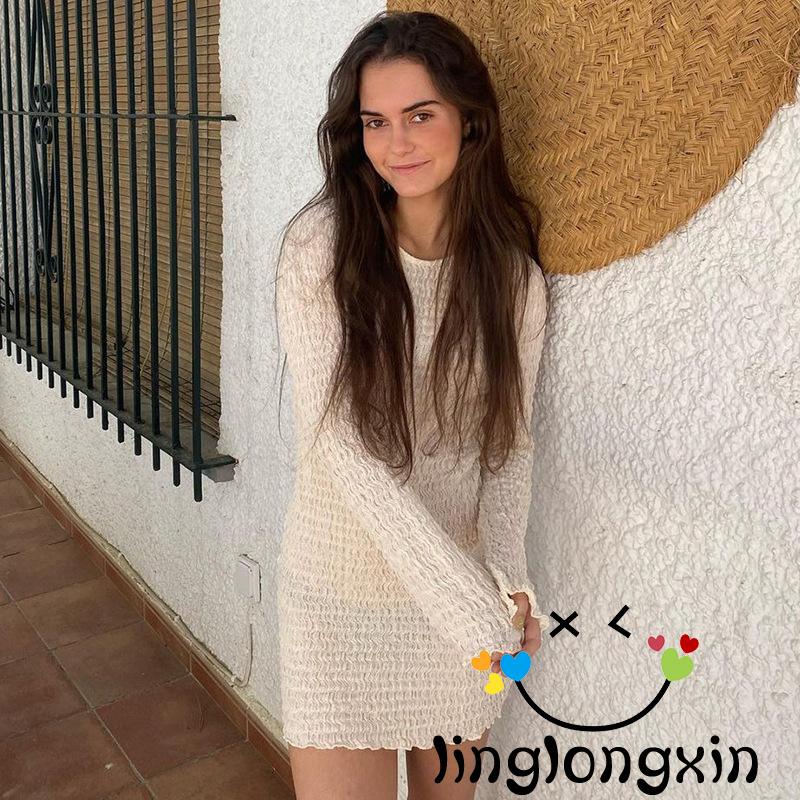 Đầm Ngắn Ôm Dáng Cổ Tròn Tay Dài Khoét Gân Hở Lưng Mùa Hè Cho Nữ Linglongxi2