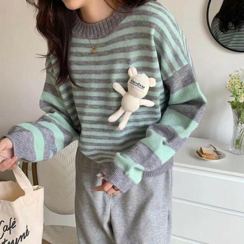 Áo sweater Dệt Kim Cổ Tròn Dáng Rộng Họa Tiết Kẻ Sọc Dễ Thương Thời Trang Mùa Thu Cho Nữ