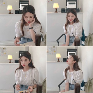 Áo sơ mi nữ cộc tay cổ tròn viền ren tay bồng