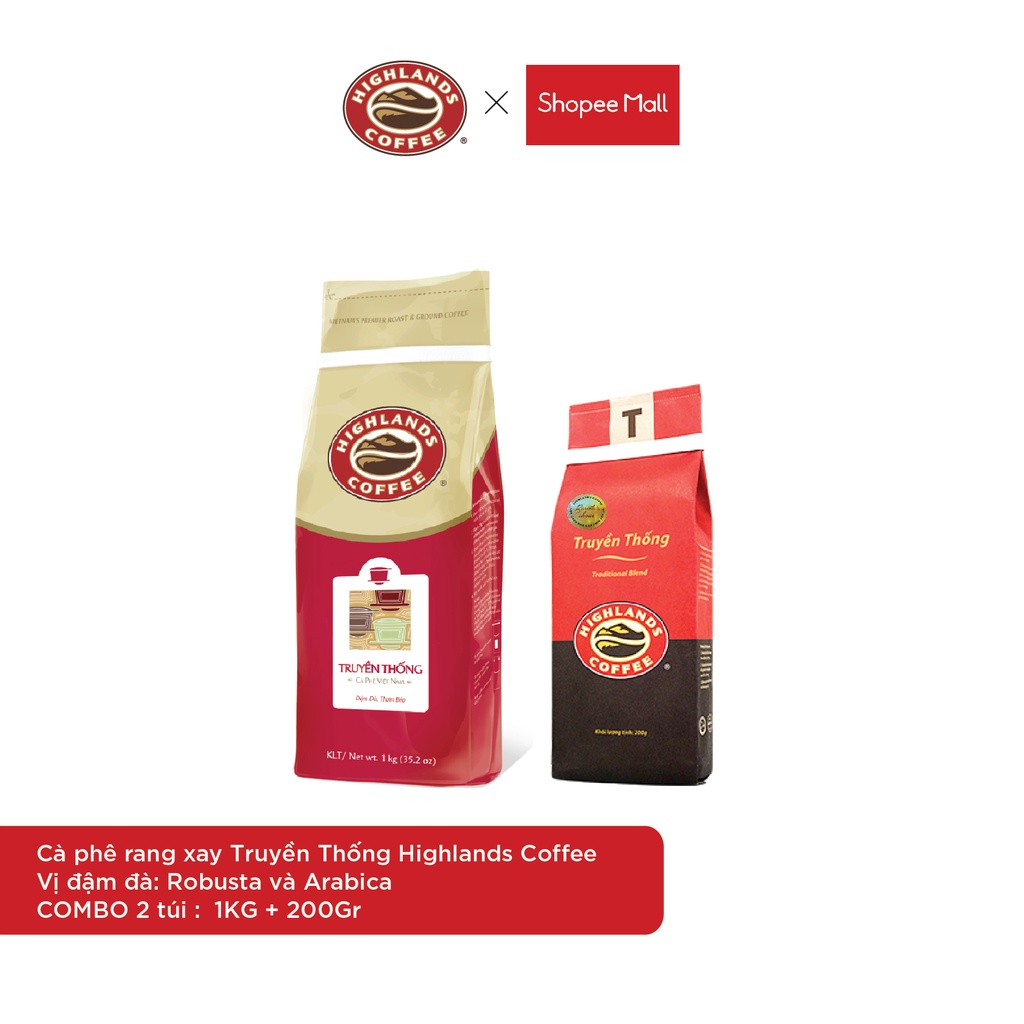 COMBO Cà phê bột Truyền thống Highlands coffee 1kg và gói 200gr đậm đà vị truyền thống