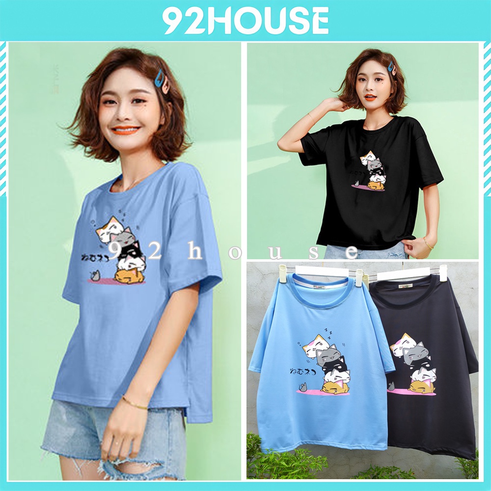 Áo phông nữ/ Áo thun hoạt hình unisex tay lỡ bốn mèo nhỏ