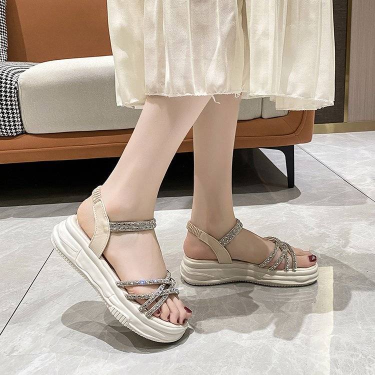 Dép Sandal Đế Dày Phẳng Dày Đính Đá Thời Trang Mùa Hè Hàn Quốc Dành Cho Nữ