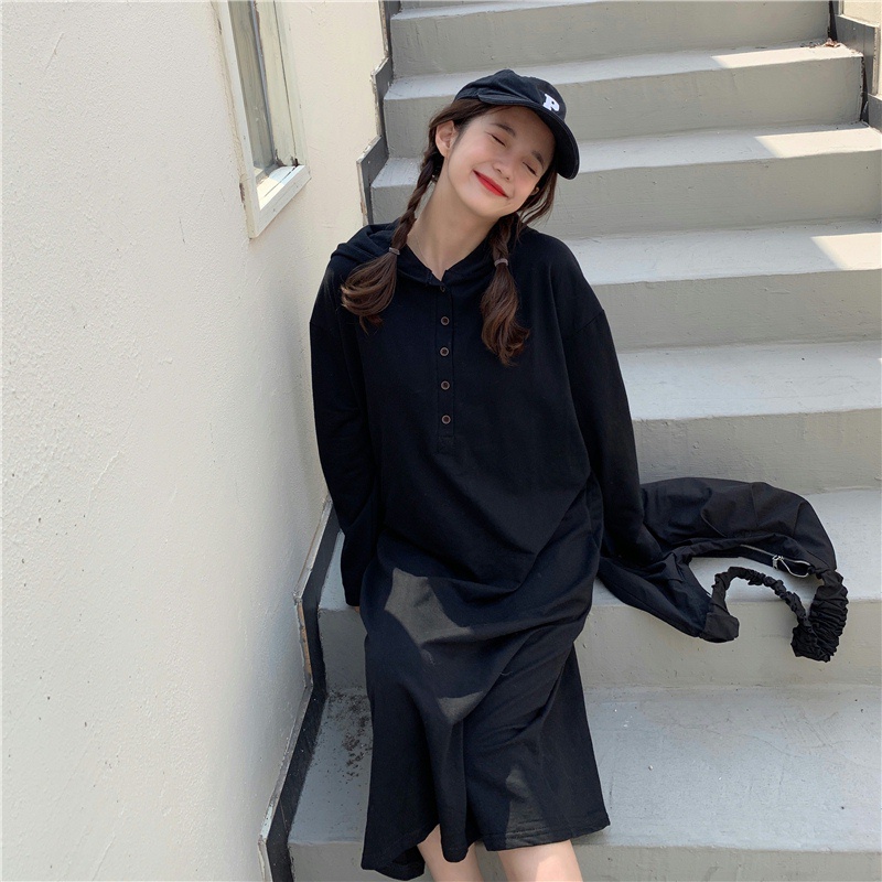 SUXI Đầm hoodie dài tay phong cách vintage Hàn Quốc cho nữ