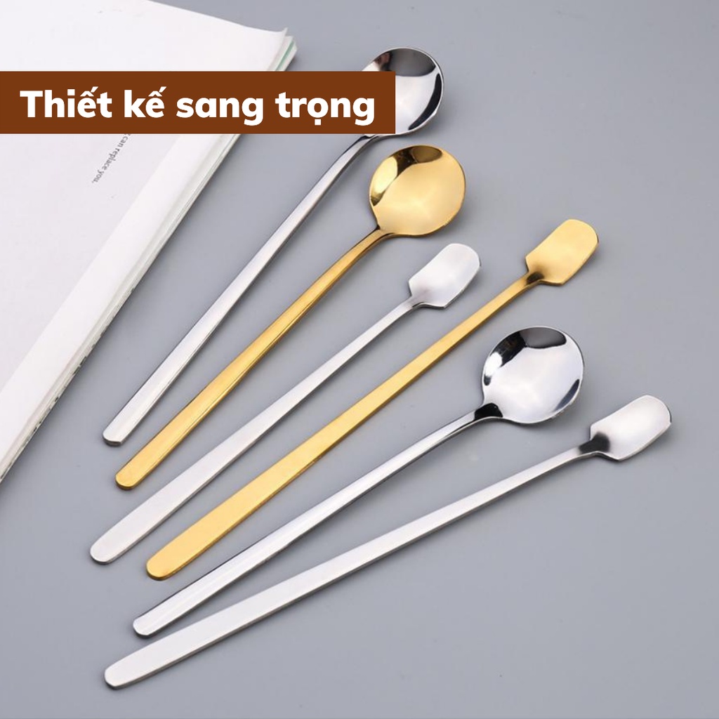 Thìa pha trà inox 304 cán dài dụng cụ pha cà phê muỗng cafe mạ vàng kiểu dáng sang trọng kích thước 13-15-17 cm