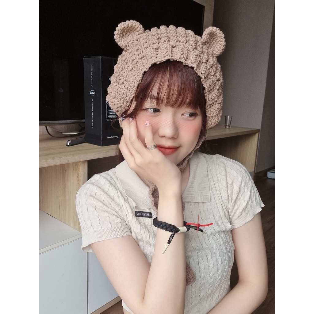 Nón Len/Mũ Chùm Đầu Tai Gấu Handmade Dễ thương Cute Phong Cách Hàn Quốc