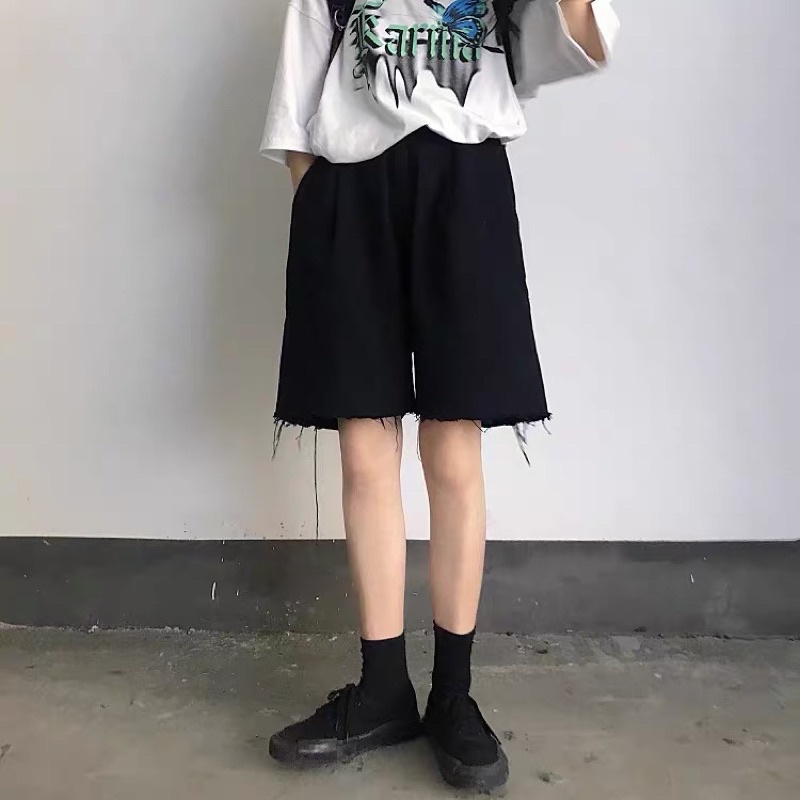 Quần short jean nữ ống rộng Nút Hông Ulzzang màu đen xám | BigBuy360 - bigbuy360.vn