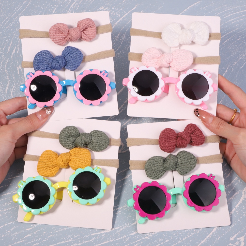 Set băng đô + kính RAINBOW BOWS 2022 nơ co giãn màu trơn thời trang cho bé gái