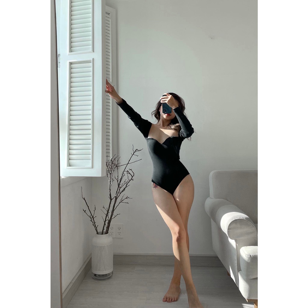Áo bodysuit tay dài thun gân co giãn có mút ngực