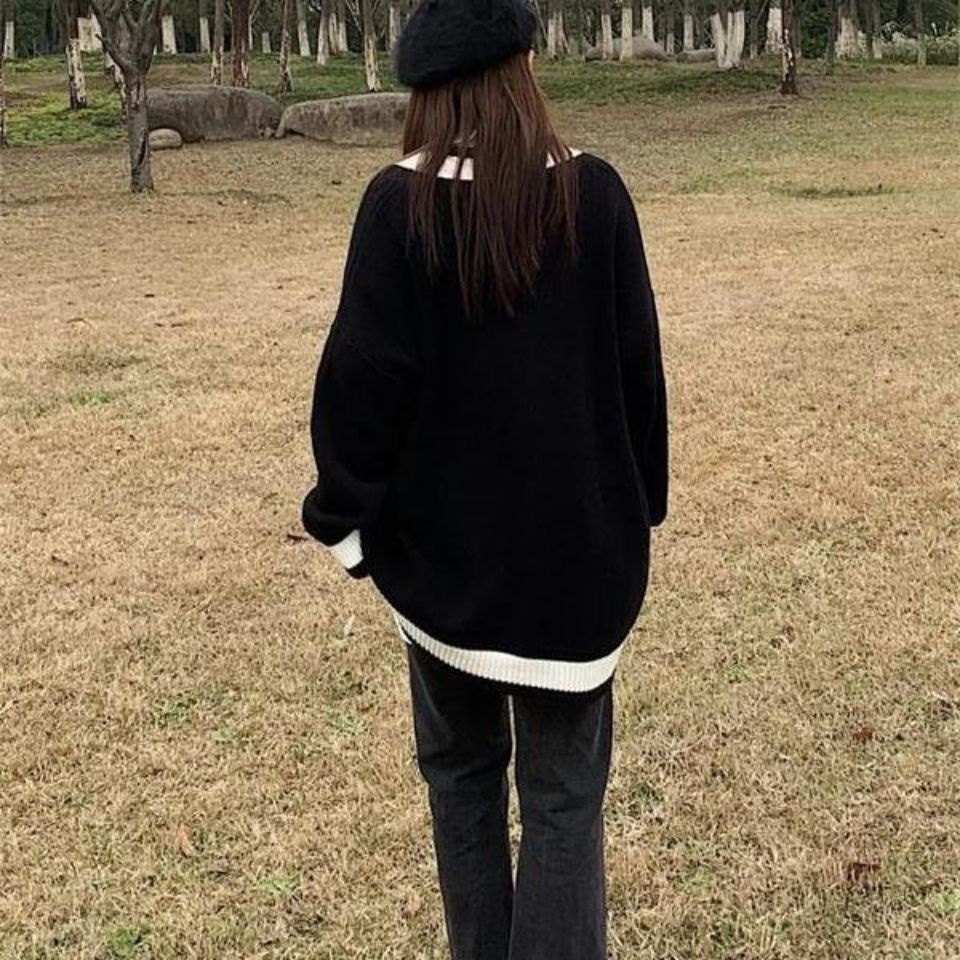 Áo khoác cardigan dệt kim dáng rộng phối màu tương phản thời trang cho nữ