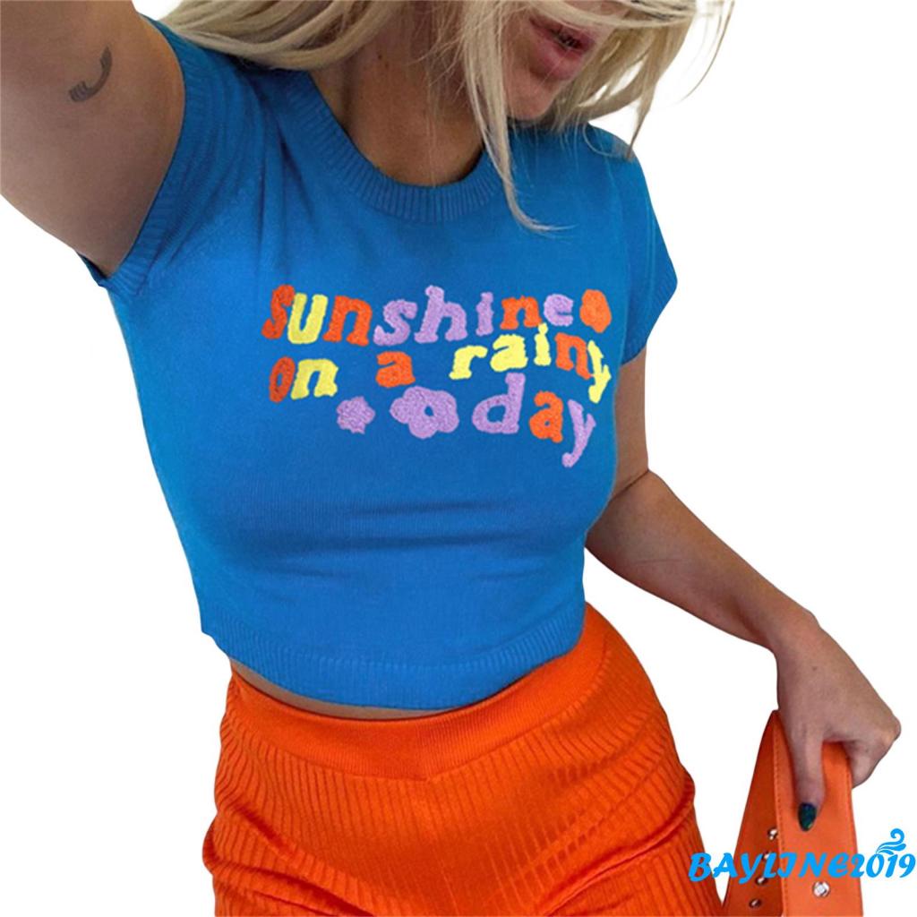 Áo Thun Croptop Dệt Kim Tay Ngắn Cổ Tròn In Họa Tiết Hoa Và Chữ Thời Trang Mùa Hè Size S / M / L