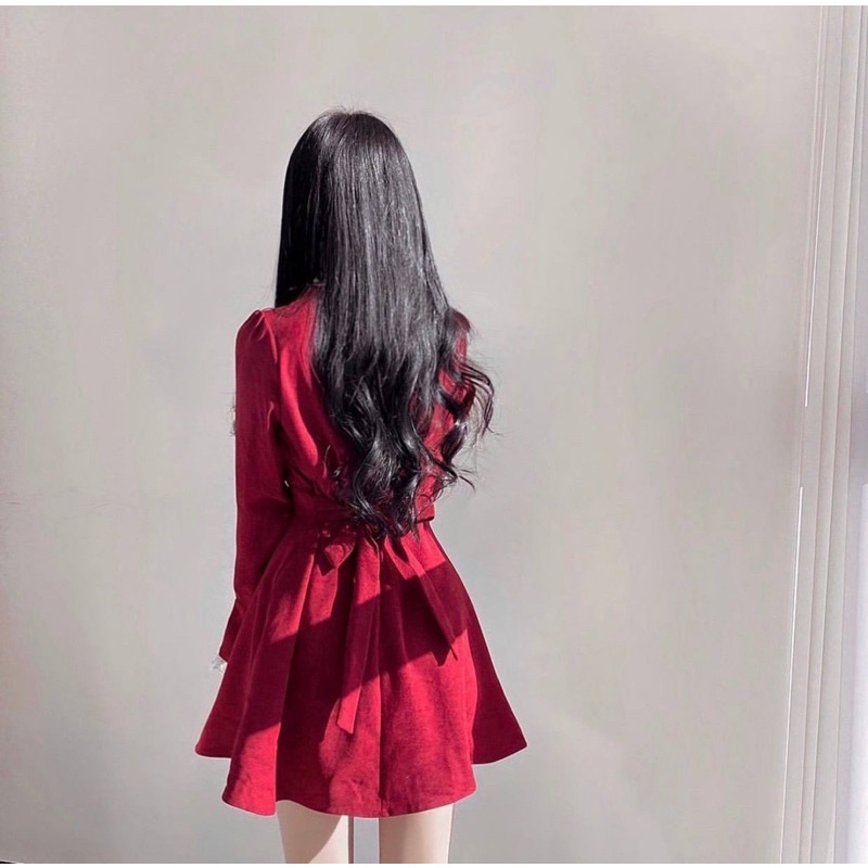 Váy nữ ren bèo tay xoè màu đỏ chất nhung tăm dày dặn