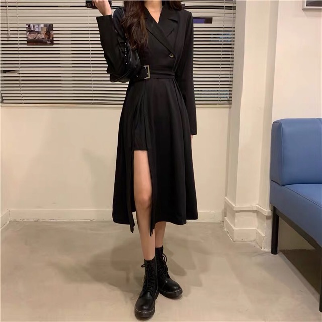 Váy đầm cổ vest dáng dài thắt đai xẻ tà đùi sang trọng công sở đi làm đi chơi du lịch thu đông
