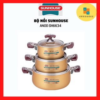 Bộ nồi nhôm Anod SUNHOUSE SH6634 16-20-24cm chống dính vung kính siêu bền