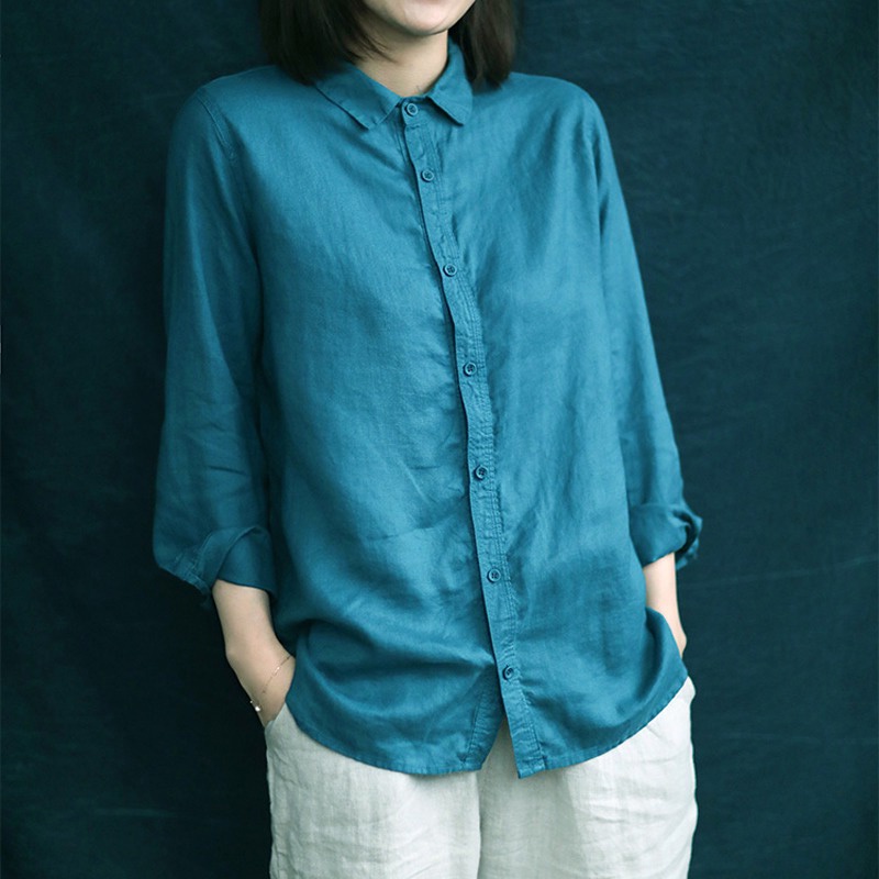 Ice retro embroidered cotton linen thin tops ramie short-sleeved shirt pick-up special ~ Japanese