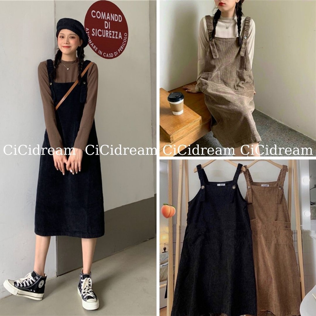 Váy Yếm nữ Nhung tăm Dáng Dài form rộng xẻ vạt sau Phong Cách Hàn Quốc, yếm nữ dáng váy nhung tăm dài rộng có túi