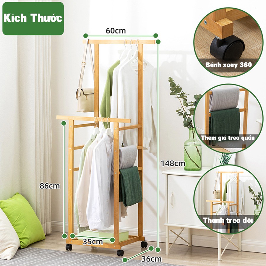 Giá kệ treo quần áo thông minh VANGO V21 gỗ tre tự nhiên cao cấp, có chỗ để giày dép tiện lợi, sơn phủ bóng sang trọng