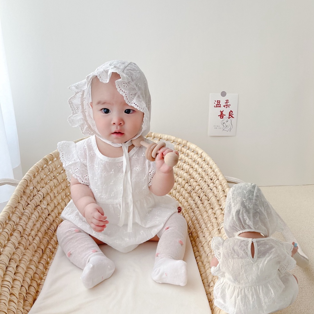 Áo liền quần tay ngắn thêu họa tiết cho bé gái sơ sinh từ 0-24 tháng tuổi