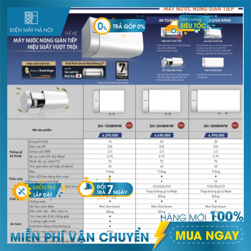 Bình nóng lạnh gián tiếp Panasonic 30 lít DH-30HBM