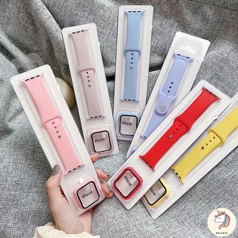 Bộ Kính + Ốp Silicone + Dây Đeo Cho Đồng Hồ Apple Watch 45mm 41mm 40mm 44mm 38mm 42mm iWatch 3 4 5 6 SE 7
