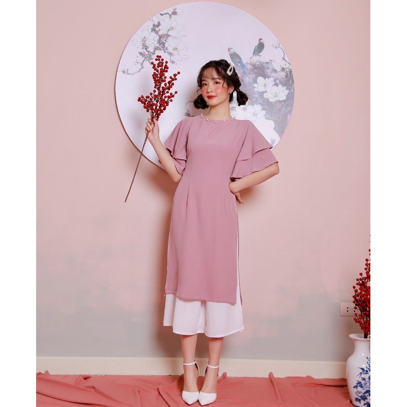 ÁO DÀI TẾT - PINK PEARL AODAI - ÁO DÀI CÁCH TÂN HỒNG PHẤN TAY LOE