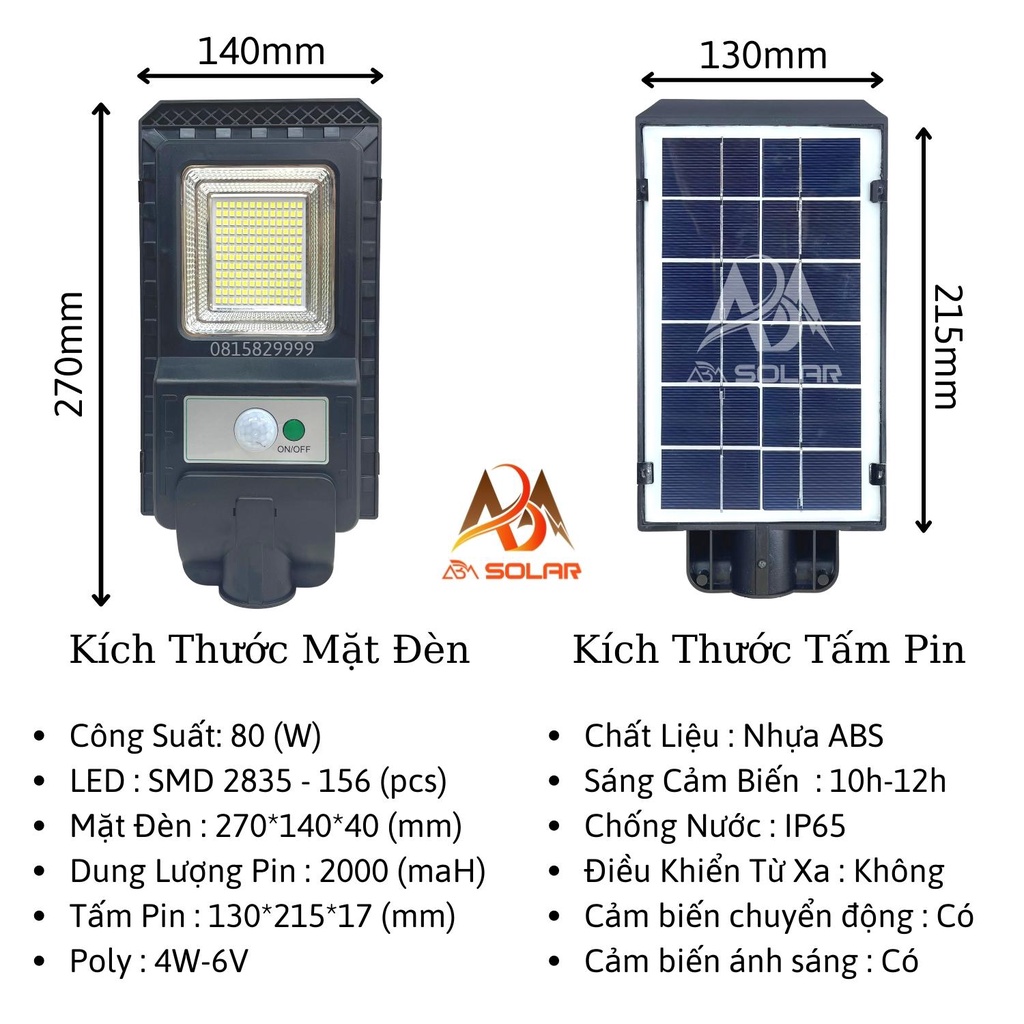 [80W] Đèn Năng Lượng Mặt Trời, Ngoài Trời, Sân Vườn 80W, Tấm Pin Liền Công Suất Nhỏ, Đèn Chính Hãng Jindian - ABM SOLAR