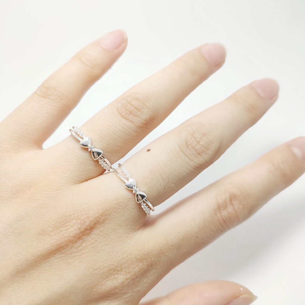 Nhẫn bạc 925 Nhẫn thiết kế mặt nơ sóng đôi tinh tế dễ thương