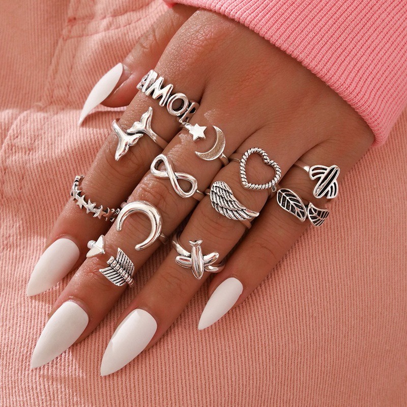 Bộ 14 Nhẫn Bạc Thời Trang Cổ Điển Cho Nữ