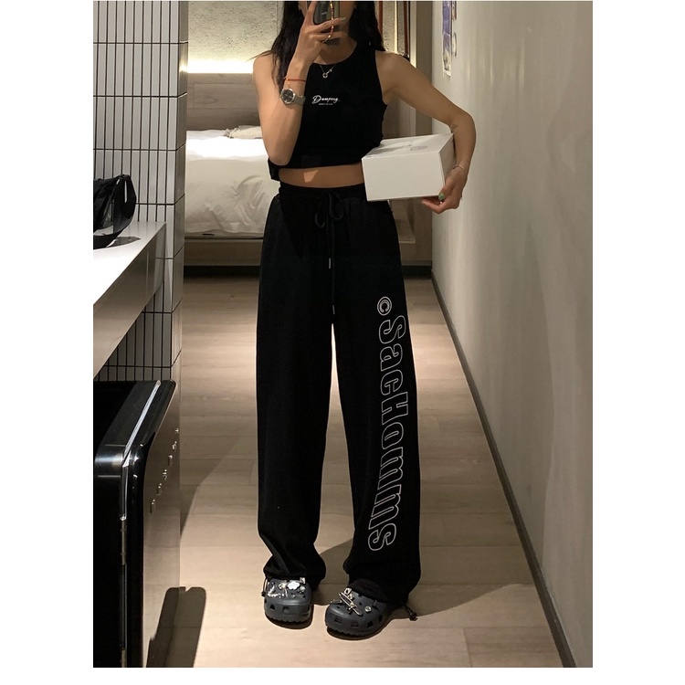 Quần thể thao cho nữ lưng cao ống rộng màu đen phong cách đường phố cổ điển