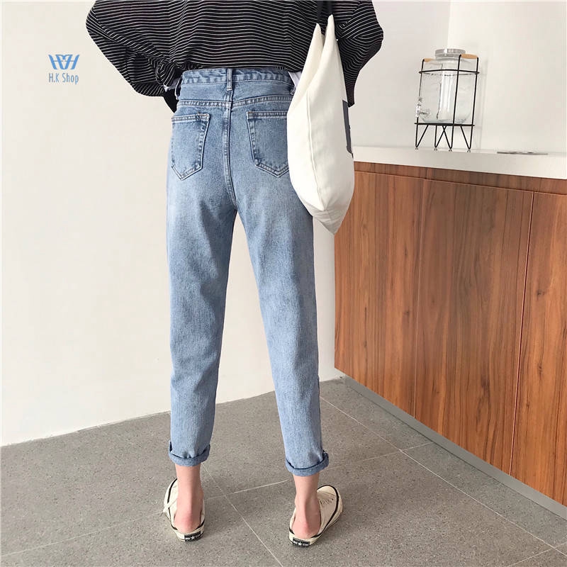 Quần jeans nữ lưng cao sọc dọc phong cách Hàn Quốc