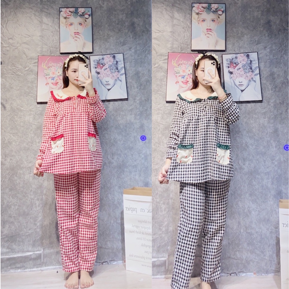 Đồ Bộ Bầu Dài ♥ Bộ Sau Sinh Đẹp Rẻ ,thiết Kế Họa Tiết Kẻ Caro Xinh Xắn Chất Đũi Mềm Mát