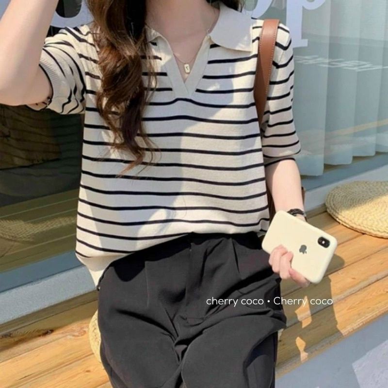 Áo Len nữ cộc tay cổ bẻ kẻ ngang bo gấu