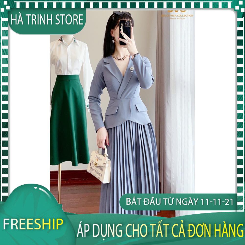 Váy đầm thiết kế cao cấp công sở dự tiệc xanh cổ vest chân dập ly V2176 - HÀ TRINH STORE