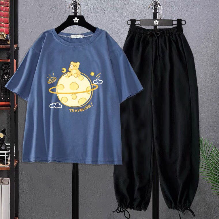 Sét Áo Gấu travle + quần bom chun, Áo thun from rộng, Chất đẹp không xù, quần suông ống rộng, Sét bộ mặc ở nhà - MODY