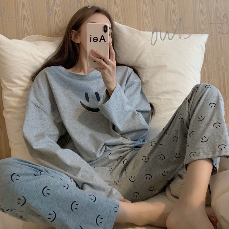 Bộ Đồ Ngủ Vải Cotton In Hình Mặt Cười Thời Trang Mùa Thu Cho Nữ