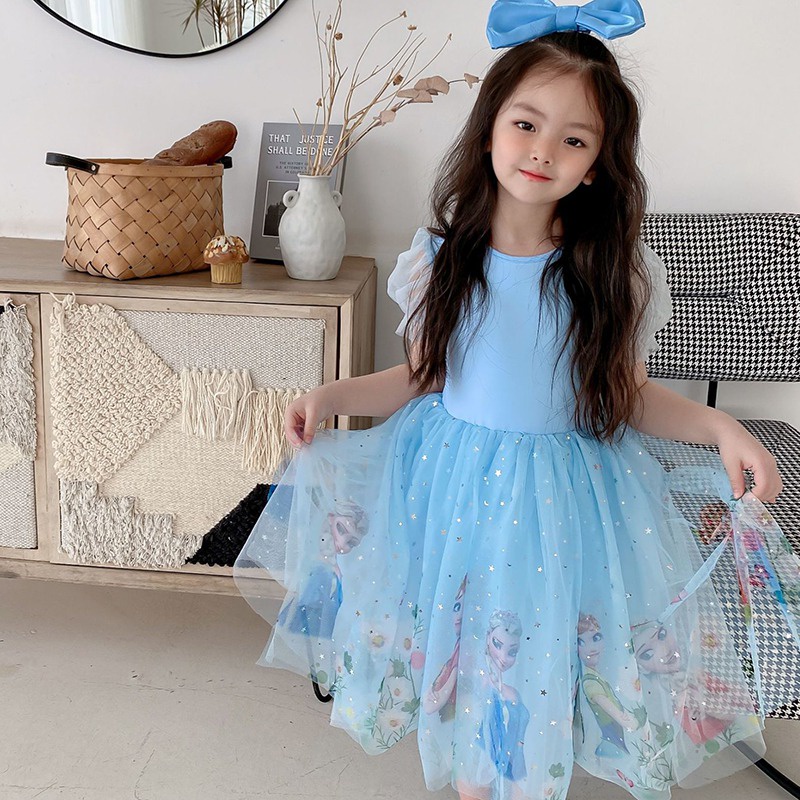 Đầm Công Chúa Phối Lưới In Hoạt Hình Kiểu Hàn Quốc Thời Trang Mùa Hè Cho Bé Gái Se7E