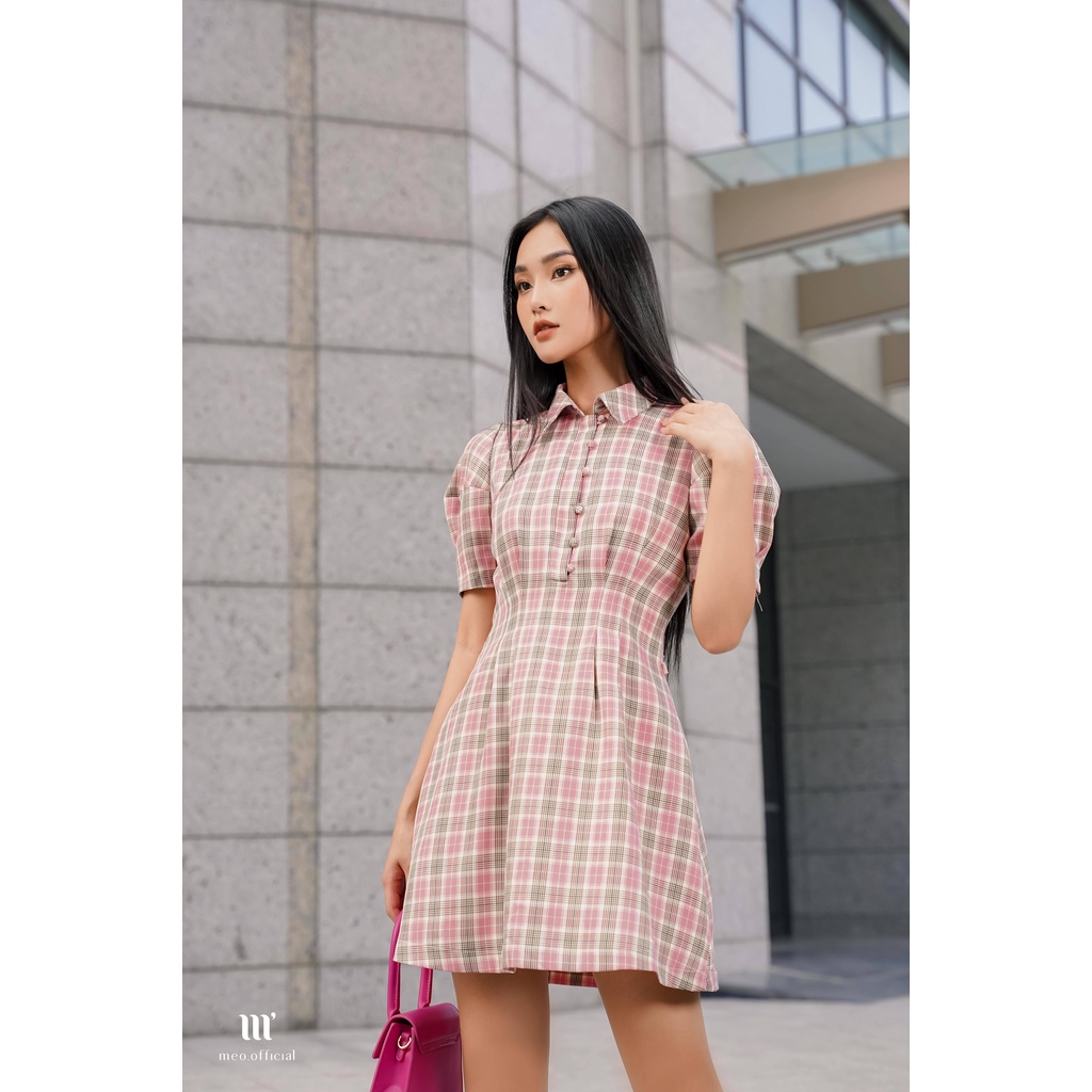Váy liền nữ Méo shop kiểu Hàn ngắn tay bồng hoạ tiết kẻ công sở dáng xòe Sudary