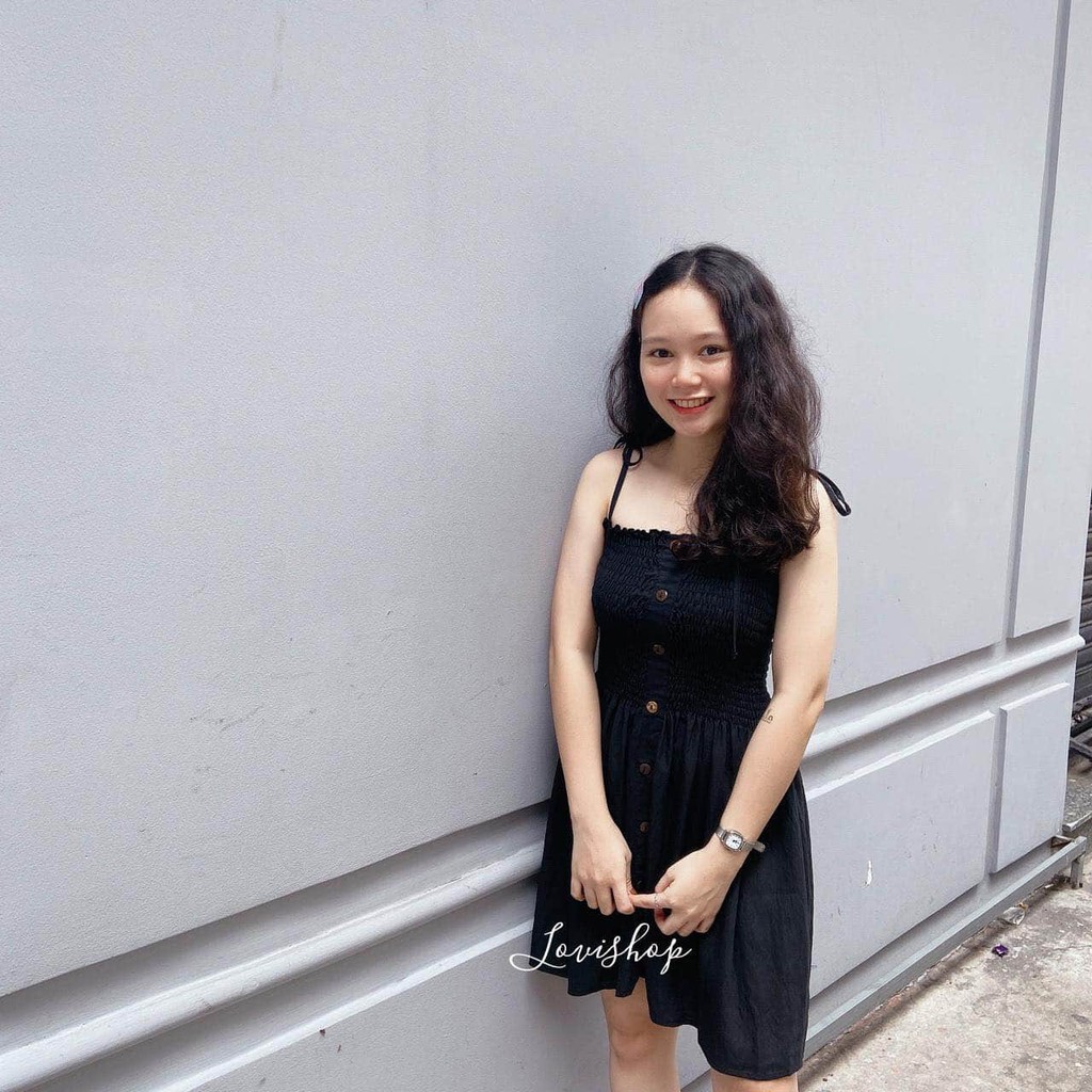 Đầm 2 dây nhún bốn màu chất đũi Lovi