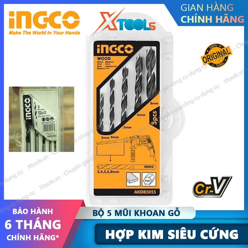 Bộ mũi khoan gỗ đuôi trơn 5 chi tiết INGCO AKDB5055 3-8mm hợp kim siêu cứng, mũi khoan gỗ xoắn ốc đa năng