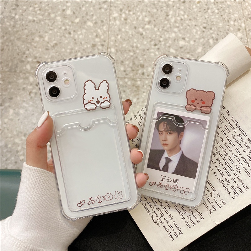 Ốp điện thoại mềm chống sốc kèm ngăn đựng thẻ hình gấu/thỏ dễ thương cho Xiaomi Redmi 9A 9C Note8 Note9 Note10 Mi11 Mi11Lite K20