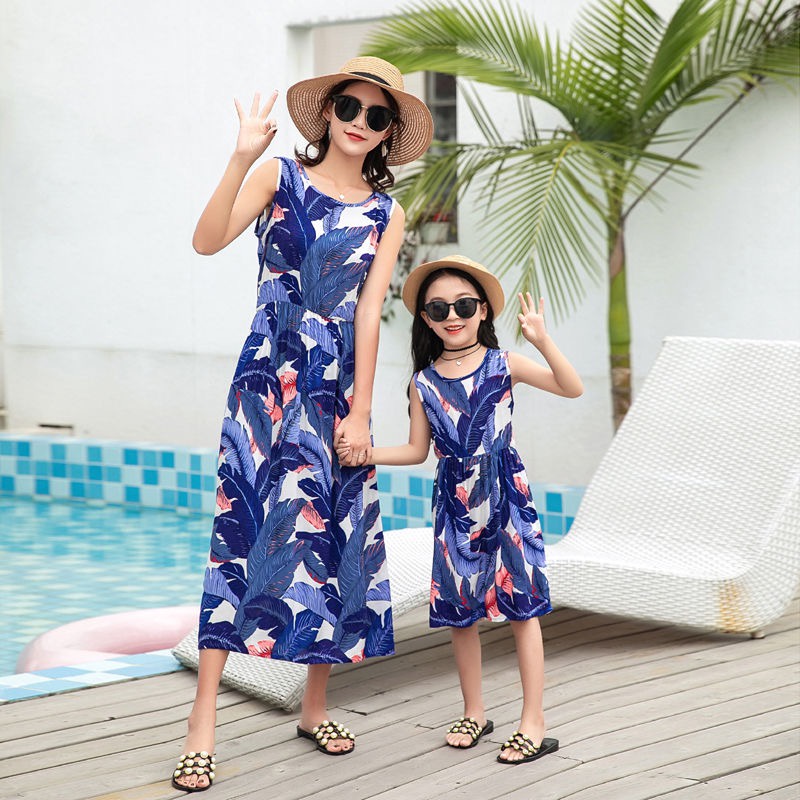 Đầm Cotton Dáng Dài Không Tay In Hoa Thời Trang Xuân Hè Dành Cho Mẹ Và Bé Size S-XL 110-160cm