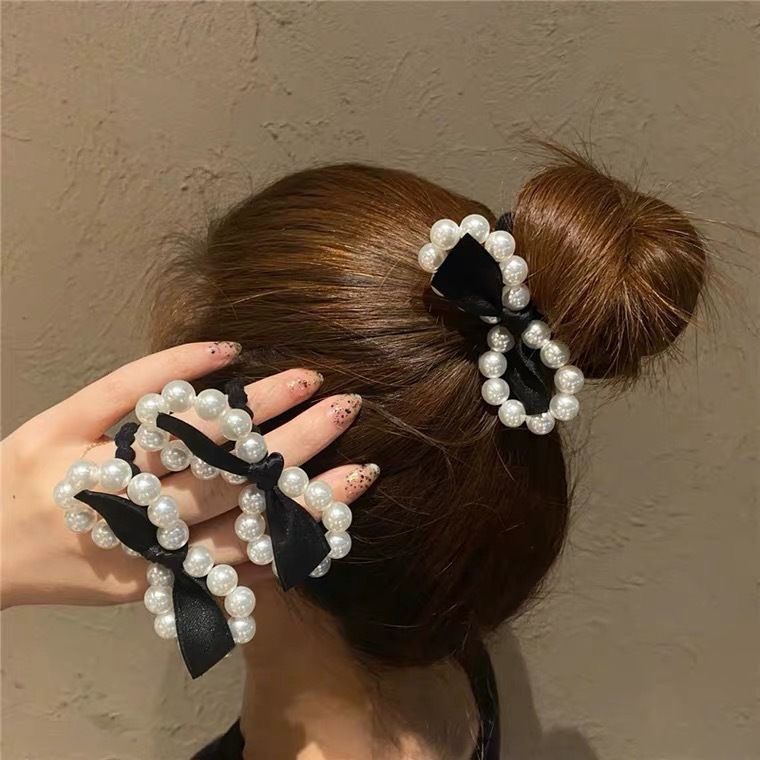 Dây buộc tóc đính hạt giả ngọc trai thắt nơ phong cách Retro Hàn quốc