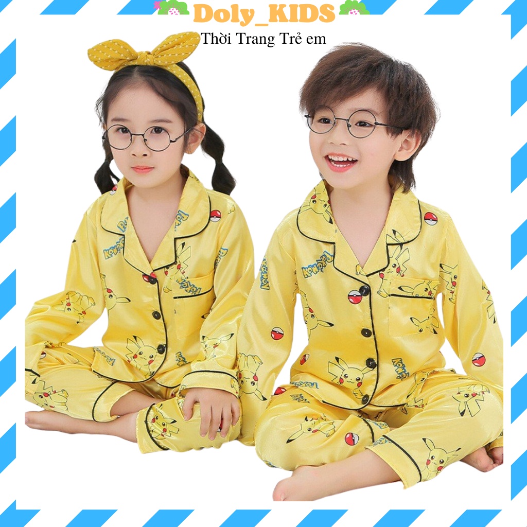 Bộ Pijama Cho Bé Trai bé Gái DOLY KIDS, Đồ bộ ngủ dài tay Chất Phi Lụa In Hình Pikachu Cực Yêu Cho Bé Trai Từ 6-27kg