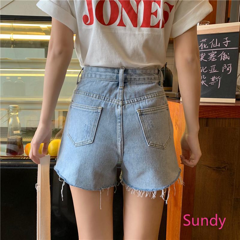 Quần short jean lưng cao dáng chữ A phối rách phong cách mùa hè thời trang cá tính cho nữ